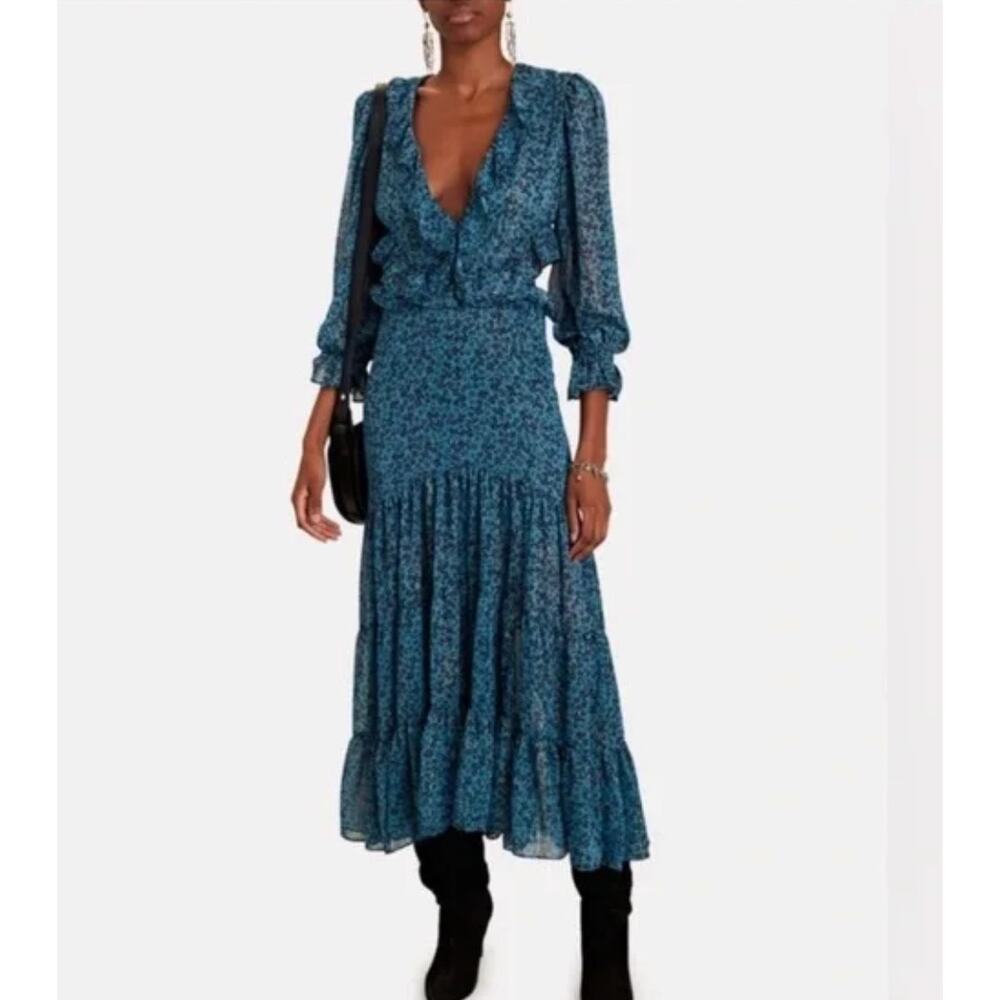 Misa Los Angeles Dress XS Amelia Midi Blue Floral Ruffle Boho Romantic Flowy Chi - Picture 2 of 16